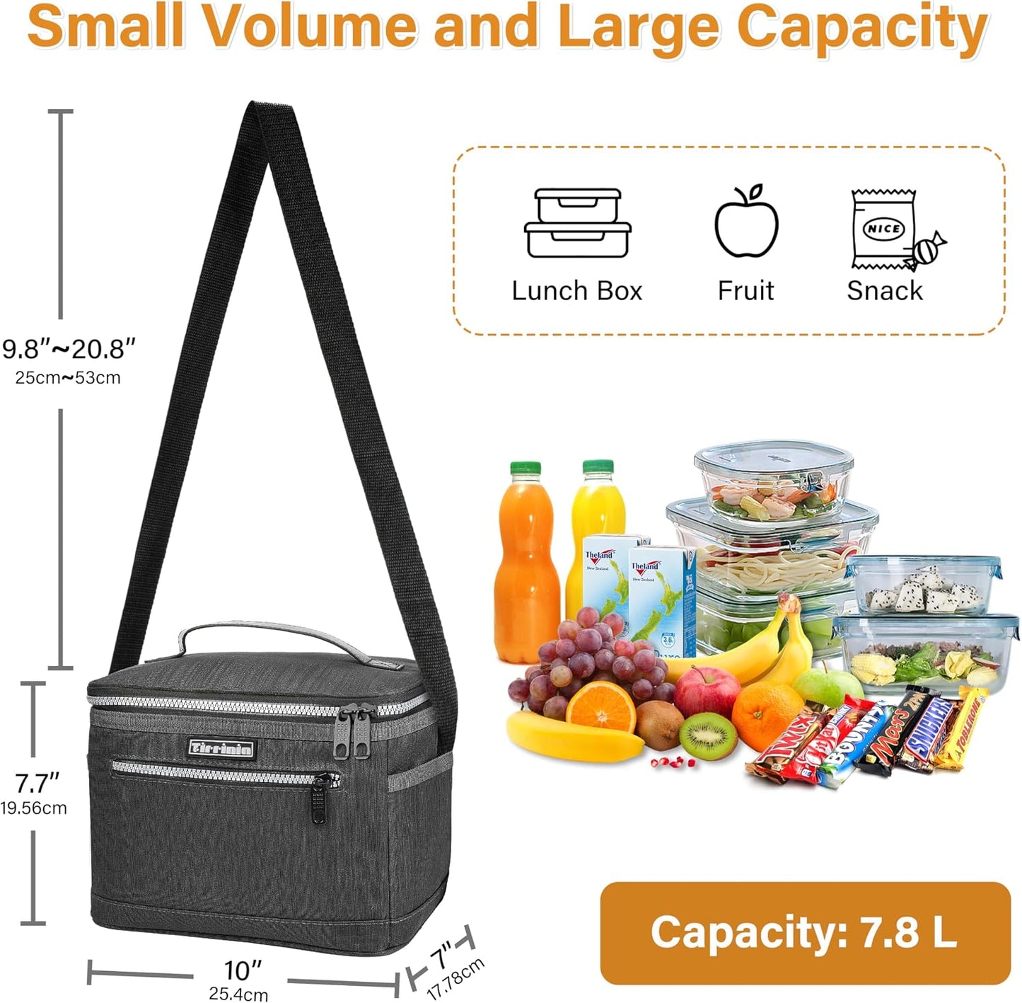 Tirrinia Insulated Lunch Box for Men/Women, Leakproof Lunch Bag for School Work, Large Lunch Tote Kids Boys Girls Student Back to School, Soft Cooler Office Picnic Beach Camping for Adults, Charcoal