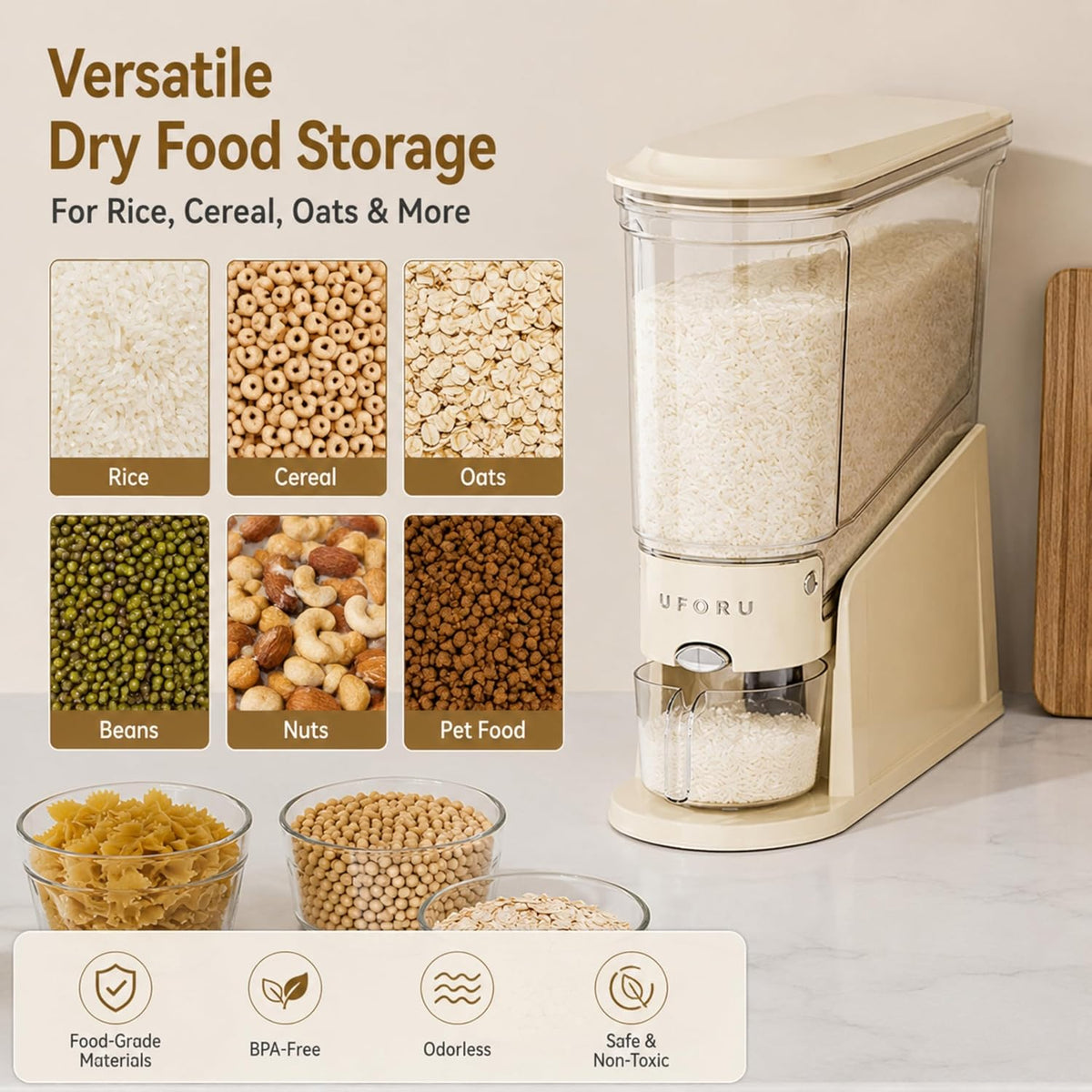 ROOM127 Rice Dispenser 22 Lbs, Large Airtight Grain Container, Cream White | Family Size Storage, BPA-Free, Moisture-Proof Seal, One-Touch Pouring, Clear Window, for Cereal, Beans, Oats & Dry Food