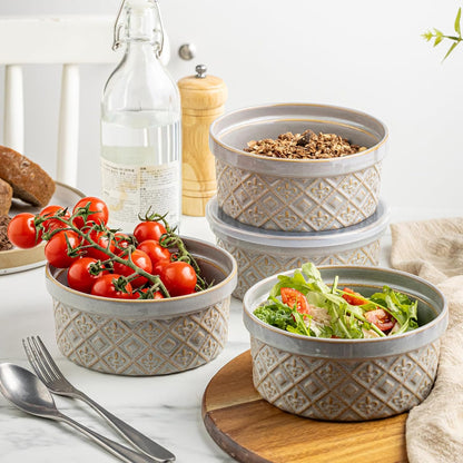 Airtight Food Storage Containers with Lids Mixing Bowls Set, Ceramic Serving Bowls with Lids Set of 4, 12/16/28/40 oz Stackable Nesting Salad Bowls for Cooking, Baking, Ramen - Beige
