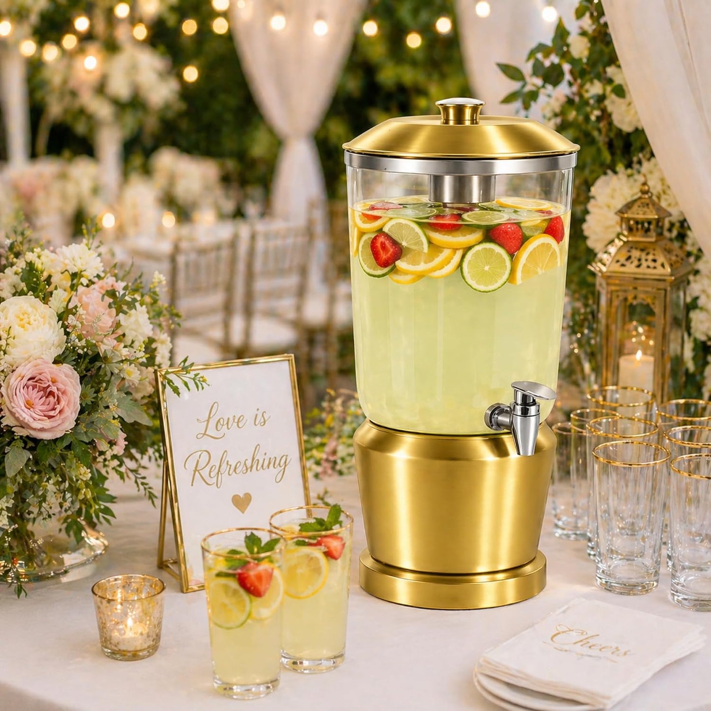 Drink Dispenser with Ice Chambers, Lemonade Tea Water Dispenser with Spigot, Stainless Steel Beverage Jar Jug, Perfect for Home Parties, Weddings, Gifts & Events (Gold, 3, Gallons)