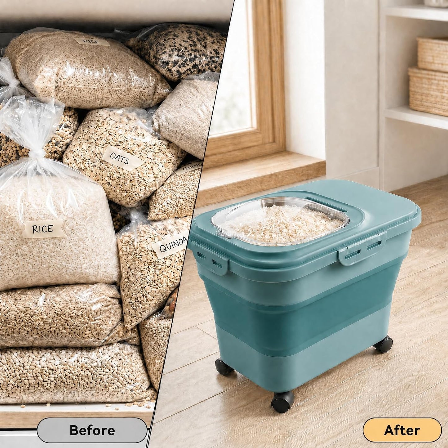 Rice Storage Container Collapsible 20-28 Lbs Food Storage Container with Rolling Wheels and Clear Airtight Lid. BPA Free Flour for Storing Rice, Flour, and Cat Dog Food Storage Container (Pink)