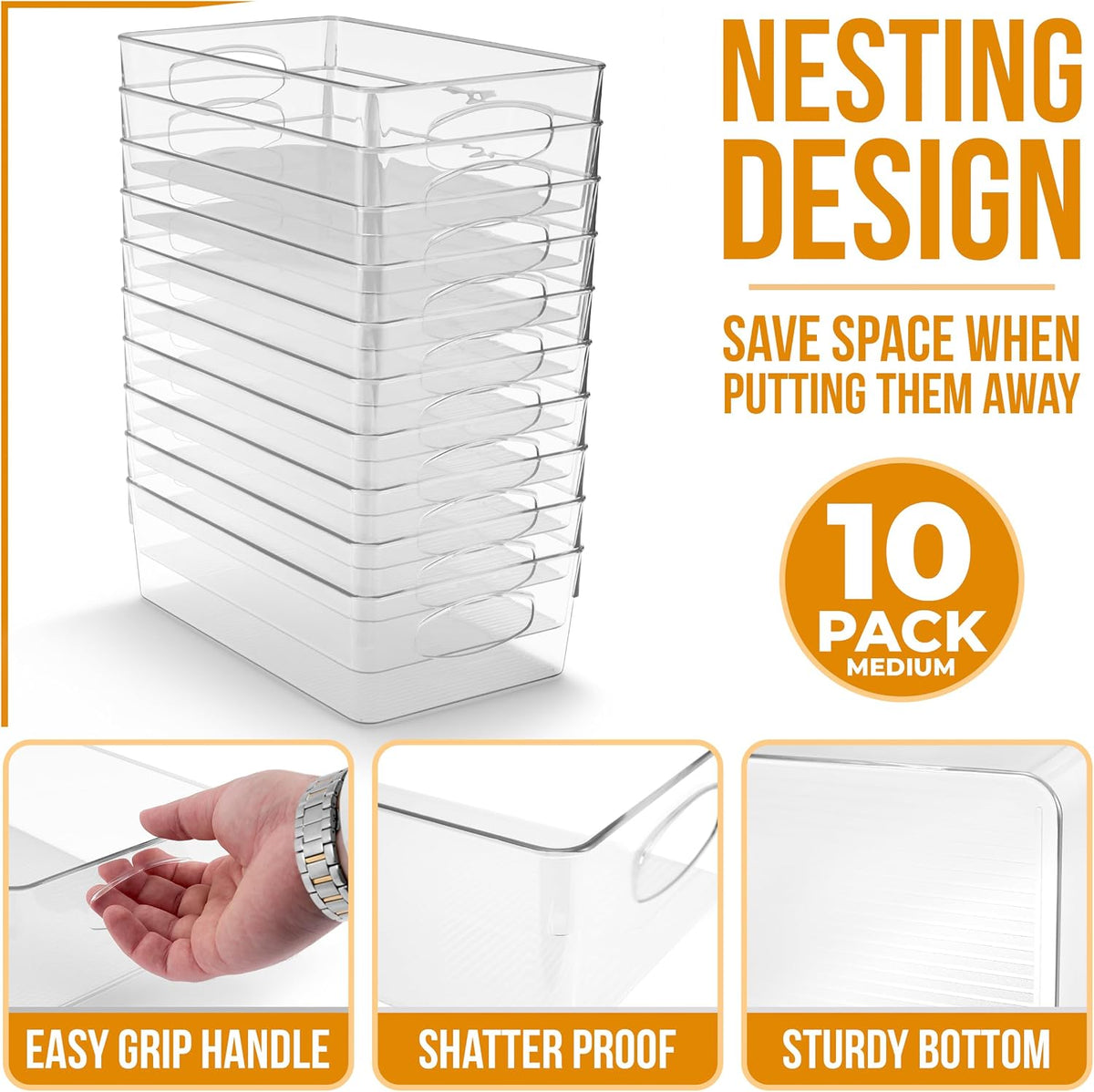 Sorbus XL Clear Plastic Storage Bins for Shelves, Clothes, with Handle - Clear Storage Bins, Drawer, Shelf, Closet, Pantry, Fridge, Freezer Organizer Bins, Closet Organizers and Storage (10 pack)