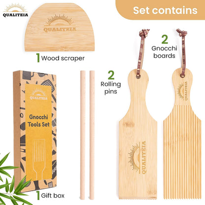 Gnocchi Board Set for Rolling Dough - 2x Paddles, 2x Rollers & 1x Cutter, Bamboo Pasta Shaper Tools Butter Maker, Garganelli Cavatelli Tortellini Cavarola Roller (Gnocchi Board Set 4)