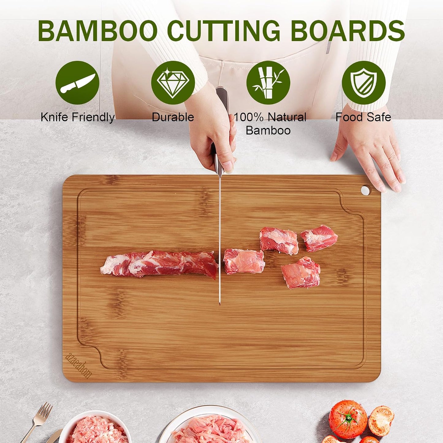 Bamboo Cutting Boards for Kitchen, Wood Cutting Board Set with Juice Grooves & Built-in Handles, Large Medium Small Chopping Board for Meat, Vegetables, Fruit