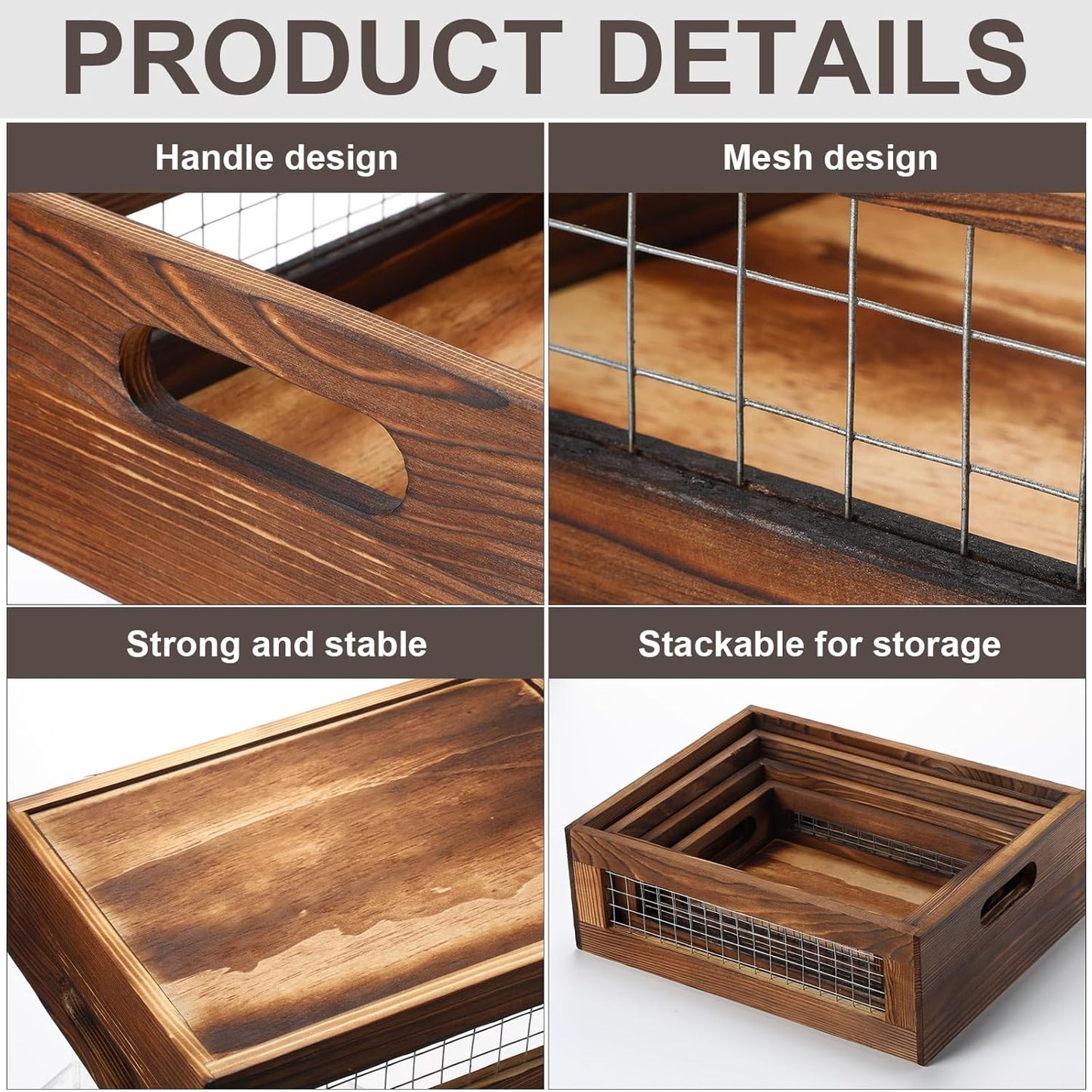 FillTouch 4 Pcs Wooden Nesting Countertop Baskets 4 Size Wooden Storage Box with Handle and Metal Wire Multipurpose Wood Organizer Crate for Fruit Vegetable Kitchen Cabinet Bathroom(Dark Brown,Small)