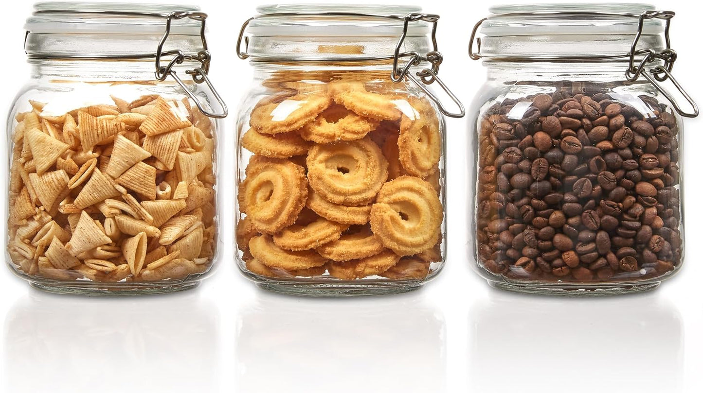 Vtopmart 78oz Glass Food Storage Jars with Airtight Clamp Lids, 3 Pack Large Kitchen Canisters for Flour, Sugar, Cereal, Coffee, Pasta and Canning, Square Mason Jars with 8 Reusable Labels