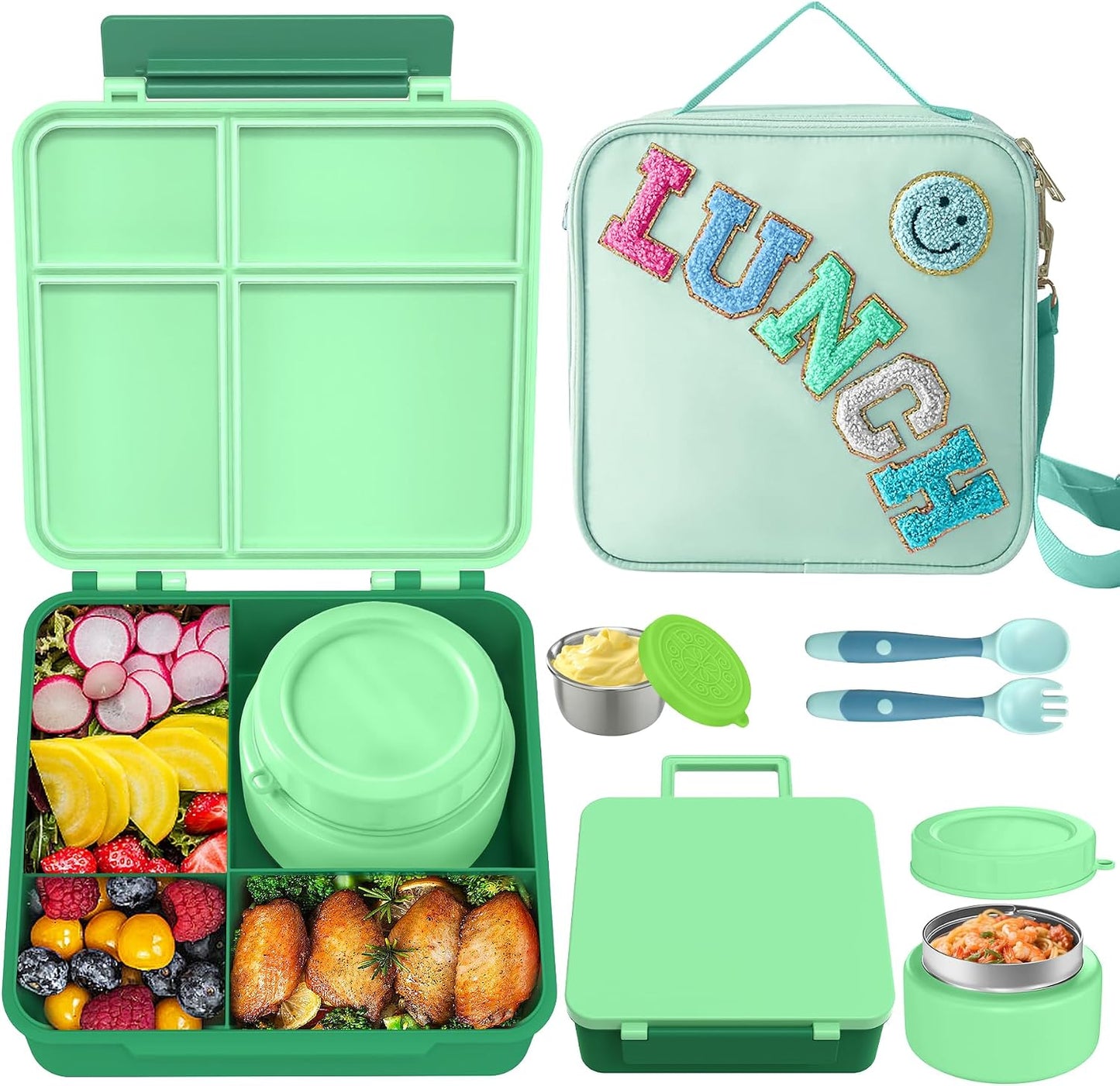 Aimsnk Kids Bento Lunch Box with 8oz Soup Thermo, Kids Leakproof Lunch Food Containers with 4 Compartment,Insulated Hot Food Jar with Lunch Bag for School, Travel (Pink)