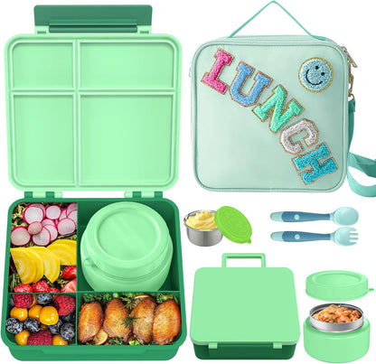 Aimsnk Kids Bento Lunch Box with 8oz Soup Thermo, Kids Leakproof Lunch Food Containers with 4 Compartment,Insulated Hot Food Jar with Lunch Bag for School, Travel (Pink)
