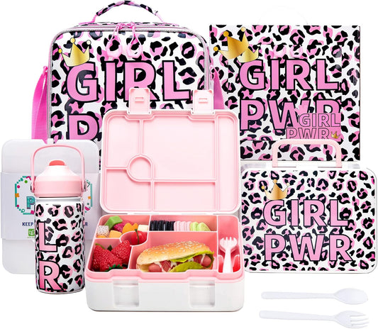 Kids Bento Lunch Box with 6 Compartments Girls Lunch Box with Lunch Bag,Stainless Steel Water Bottle,Ice Pack & Utensils Set,Birthday Gifts for Ages 3-12 Back to School Toddler Girls