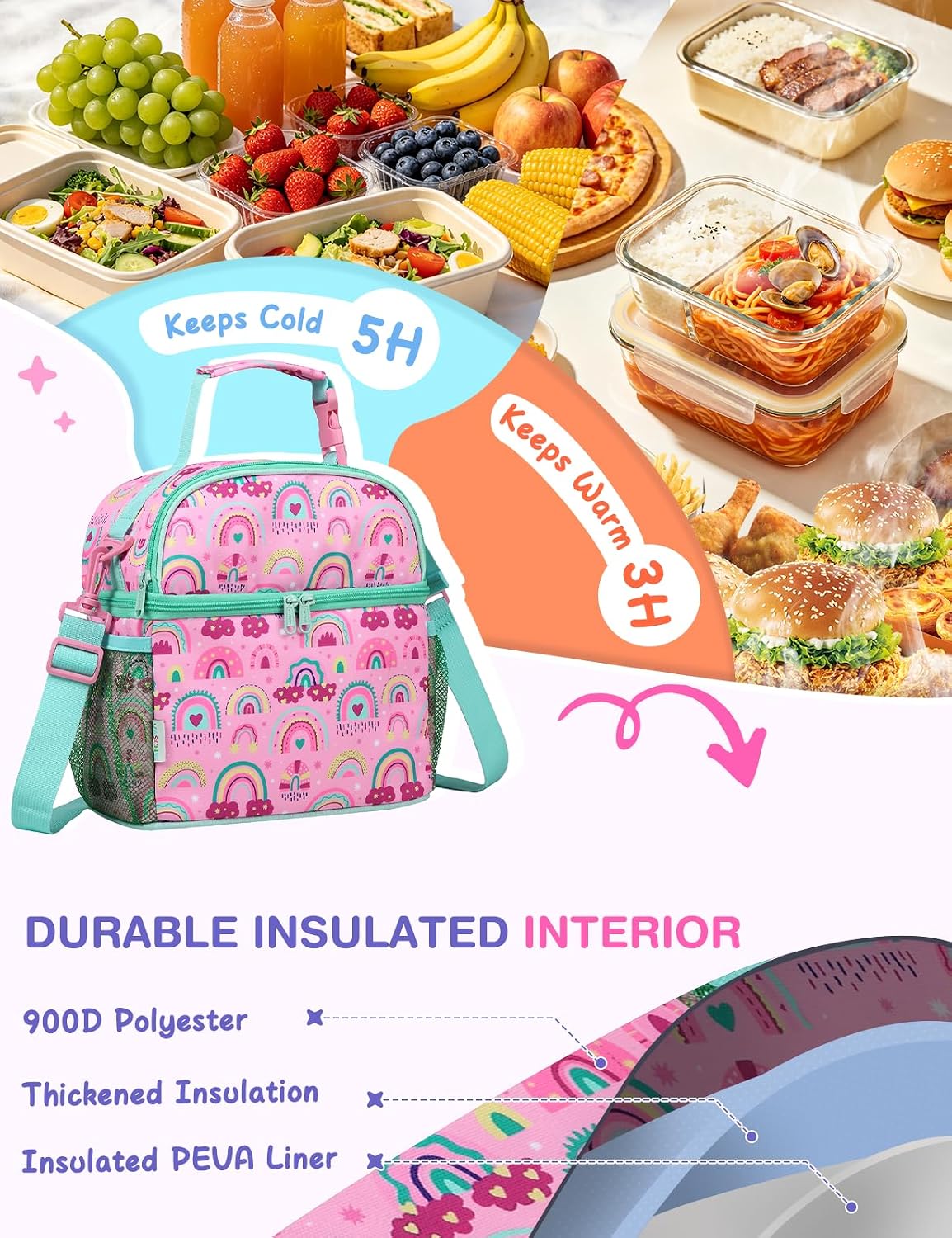 VASCHY Lunch Box Bag for Kids, Insulated Double Compartments Cooler Lunch Tote for Toddlers Boys Girls School/Daycare/Picnic Black Dinos