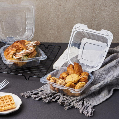8X8 3-Compartment 50-Pack Plastic Clamshell Takeout Food Trays Heavy Duty Togo Disposable Box Carryout Meal Prep Packaging Catering Hinged Containers With Secure Snap Lid (Formerly FULING)