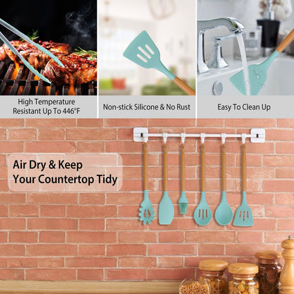 11 Piece Silicone Kitchen Utensil Set with Holder Heat Resistant Non Stick Cooking Tools with Wooden Handles Spatula Spoon Pasta Server Tongs Whisk Brush Black (Mint Green)