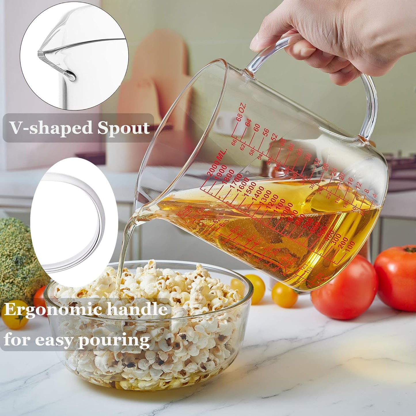 Ackers BORO3.3 Measure Glass -[Insulated handle | V-Shaped Spout]-Made of High Borosilicate Glass Measuring for Kitchen or Restaurant, Easy to Read, 60 ML (2 Oz) 丨(2 Pack)