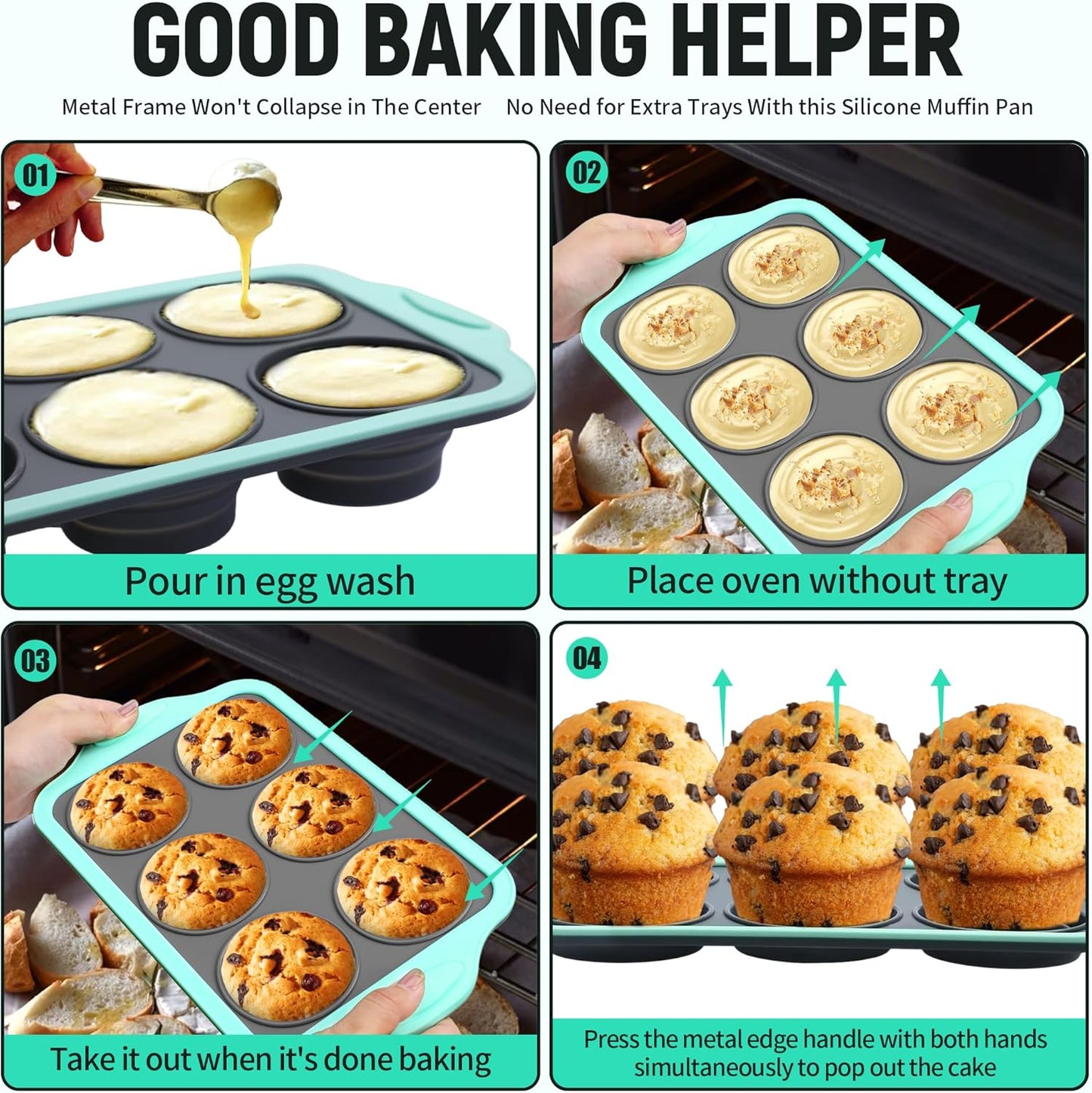 Muffin Pans for Baking 6 Cups, Silicone Foldable Muffin Pan with Metal Frame, Collapsible Cupcake Pan, Egg Bite Molds, Muffin Tin Tray for Baking Homemade Brownies Puddings (2)