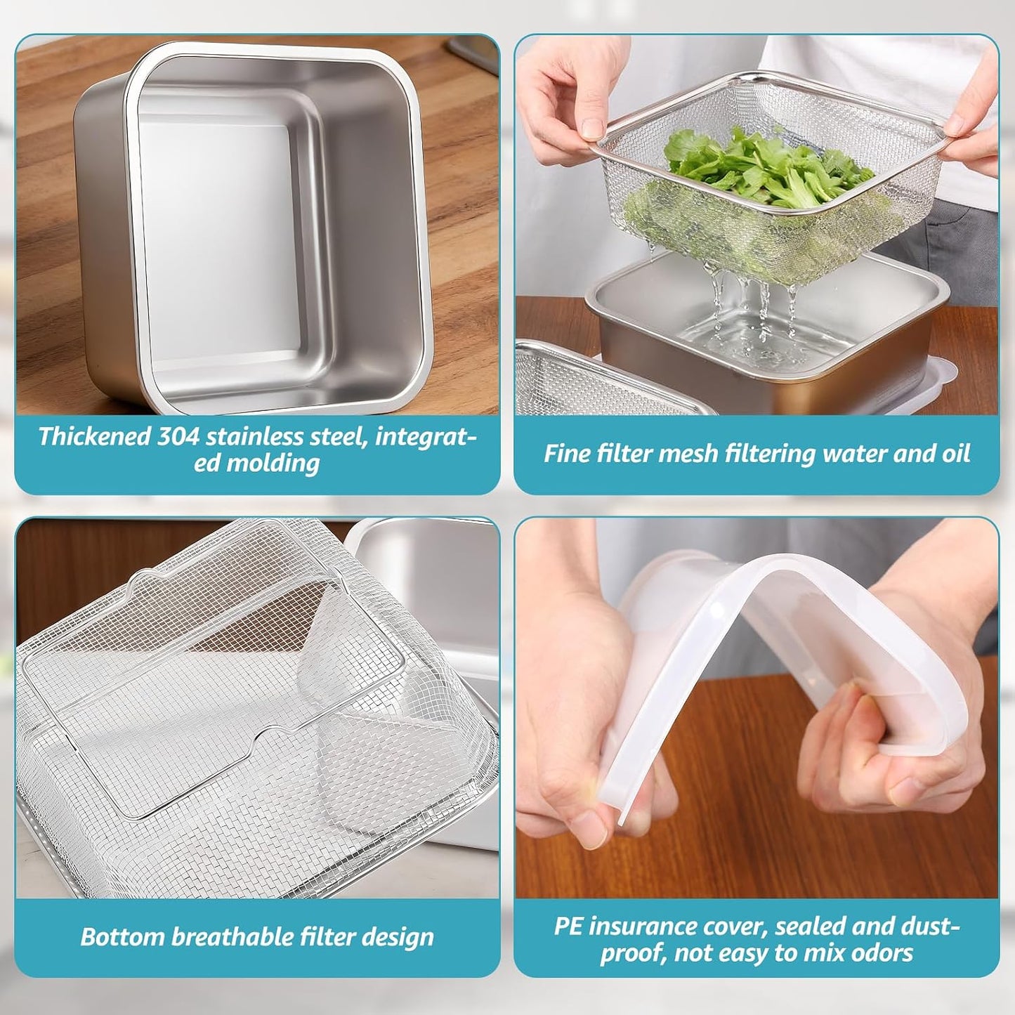 Stainless Steel Colander Set, Square Strainer with Lid for Draining Vegetable Washing Rice, 2 in 1 Strainer Bowl & Food Storage Container Food Preparation Box Bowl (1500ml)