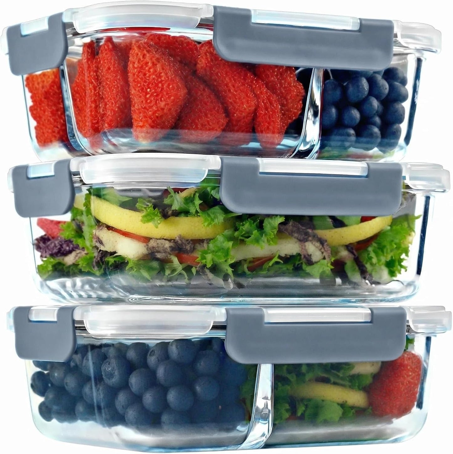 Glass Food Storage Containers with Lids, Compartment Meal Prep Containers, Airtight Leak Proof, Oven and Freezer Safe, Rectangular