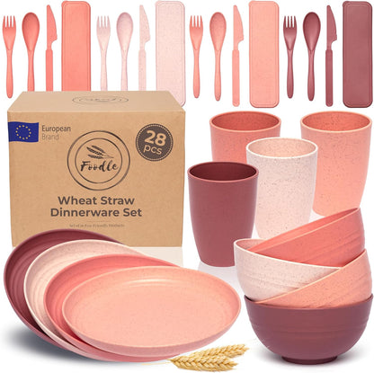 FOODLE Wheat Straw Dinnerware Set - BPA Free & Safety Tested - Microwave & Dishwasher Safe Dishes - Perfect for Camping, Picnic, RV, Dorm - Plates, Cups and Bowls - Great for Kids & Adults - For 4