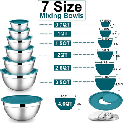 E-far Stainless Steel Mixing Bowls with Lids Set, 5-Piece Nesting Salad Bowls with 3 Grater Attachments and Non-Slip Bottoms, Size 4.6, 2.6, 2, 1.5, 1QT for Kitchen (Khaki)