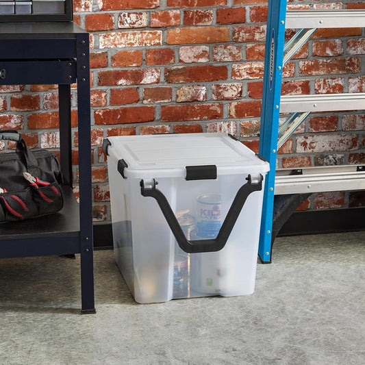 IRIS USA Storage Bins with Lids, WeatherPro Wheeled 106 Qt, Plastic, 3 Pack | Weather-tight gasket, wheels, and secure latches protect camping gear, tools, holiday décor, clothing, and documents.