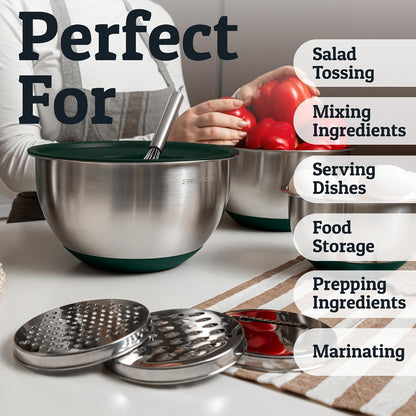 Priority Chef Stainless Steel Mixing Bowls with Lids Set, 3 Grater Attachments, Airtight Lids, Non-Slip Silicone Base Mixing Bowl Set, Large Prep Metal Mixing Bowls for Kitchen, Black