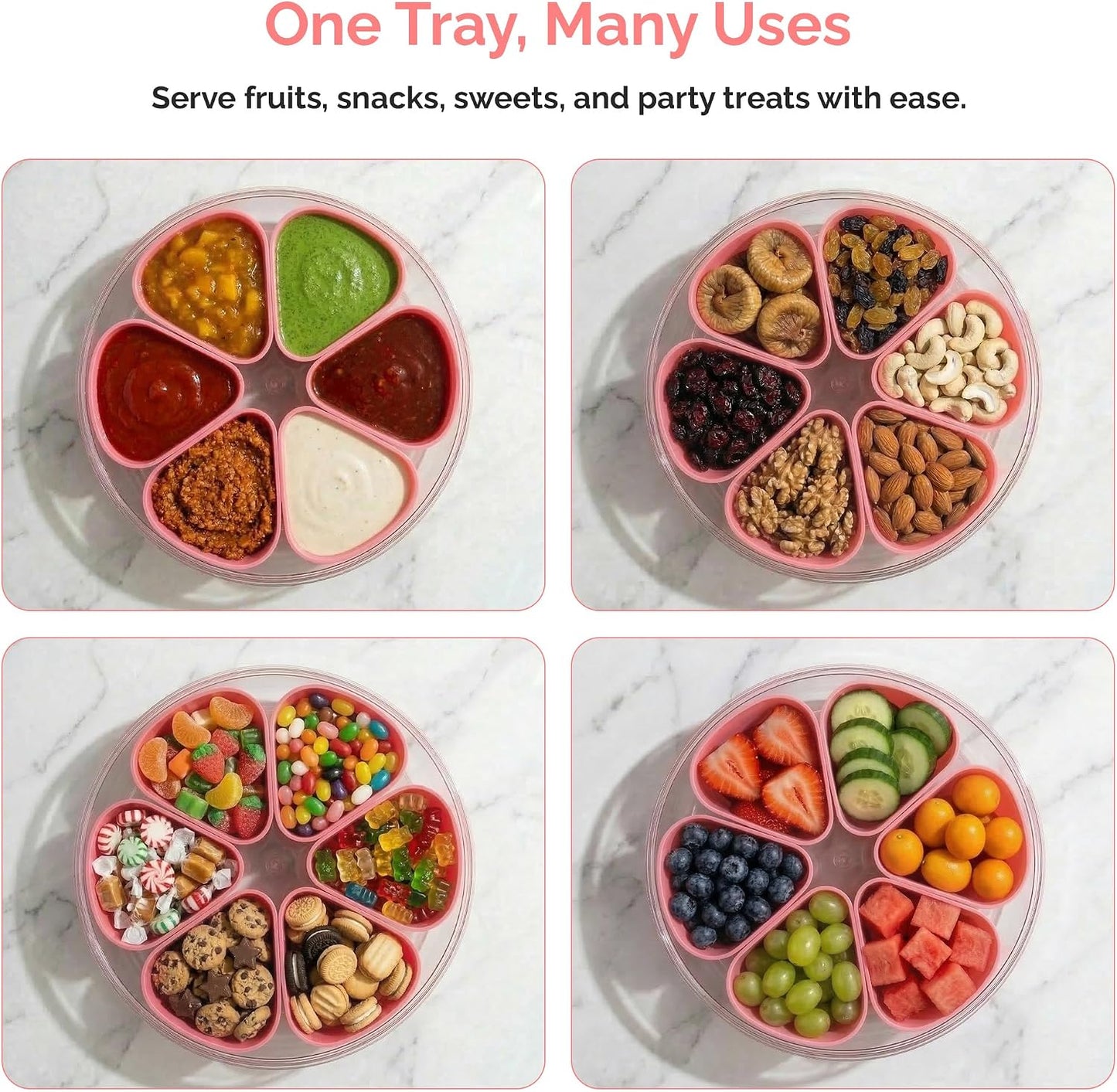Divided Serving Tray with Lid,Stackable Snackle Box Strawberry Container for Fruits Candy Organizer, Portable Rounded Veggie Tray for Kitchen, Party, Trave and Picnic (Pink)