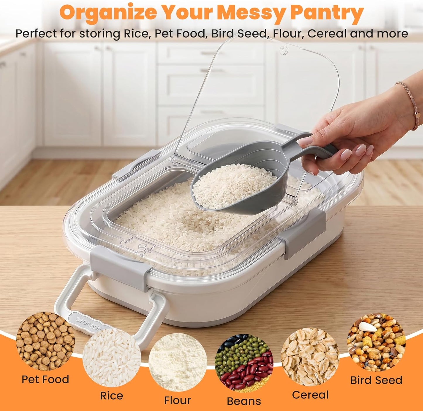 30 Lbs Rice Storage Container with Wheels, Collapsible Airtight Dog Food Storage Container with Transparent Lid, Measuring Cup, Scoop, Handle, BPA Free Rice Holder for Pet Food, Grain, Bird Seed