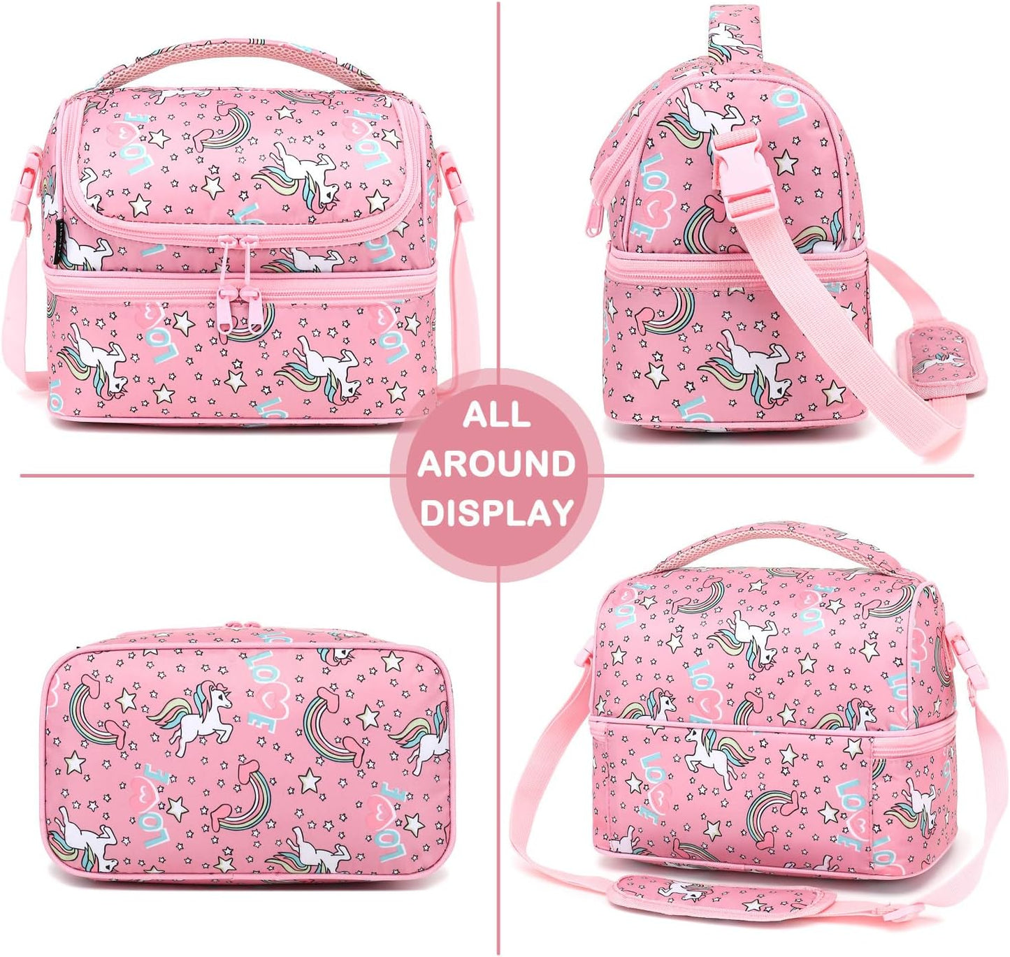 FlowFly Kids Double Decker Cooler Insulated Lunch Bag Large Tote for Boys, Girls, Men, Women, With Adjustable Strap, Unicorn