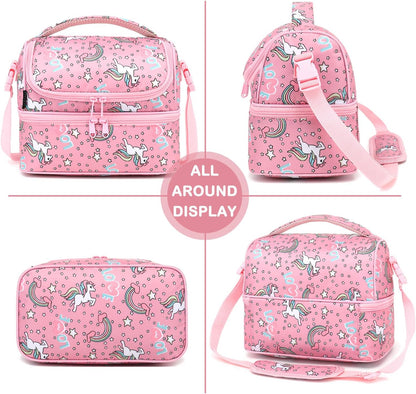FlowFly Kids Double Decker Cooler Insulated Lunch Bag Large Tote for Boys, Girls, Men, Women, With Adjustable Strap, Unicorn