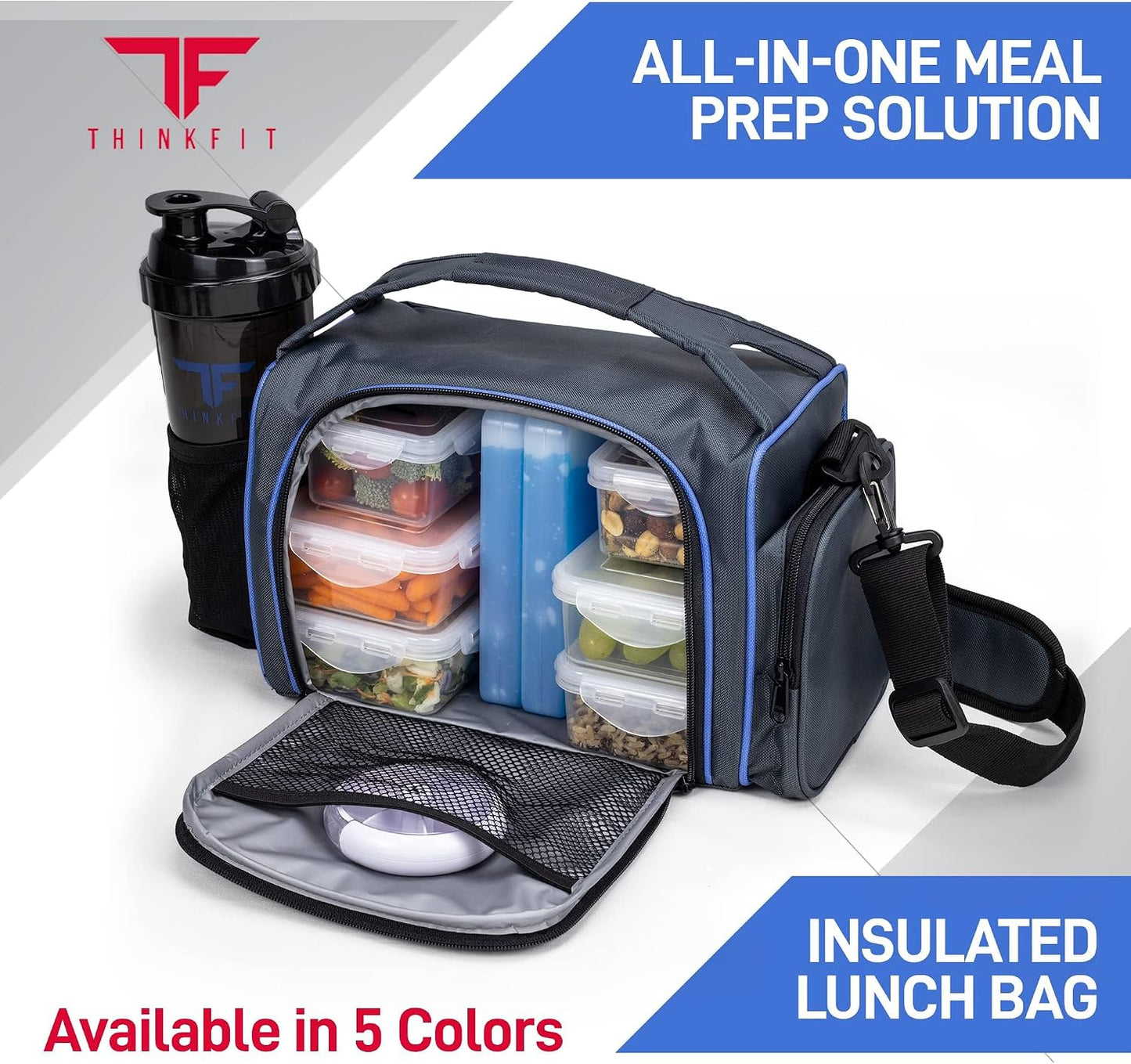 ThinkFit Insulated Meal Prep Lunch Box with 6 BPA-Free, Reusable, Microwavable, Freezer Safe Food Portion-Control Containers, Shaker Cup, Pill Organizer, Lunch Bag with Storage Pocket - (Black)