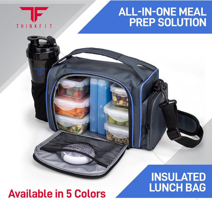 ThinkFit Insulated Meal Prep Lunch Box with 6 BPA-Free, Reusable, Microwavable, Freezer Safe Food Portion-Control Containers, Shaker Cup, Pill Organizer, Lunch Bag with Storage Pocket - (Black)