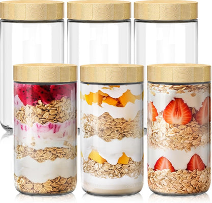 6 Pack 16oz Overnight Oats Containers with Bamboo Lids, Glass Jars with Airtight Lids for Meal Prep, Wide Mouth Mason Salad Jars, Glass Food Storage Container for Yogurt Chia Snacks Spice Sugar