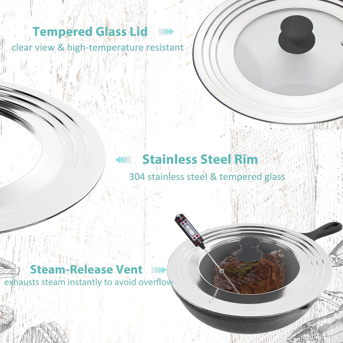 Universal Pans Pots Lid Cover Fit All 8.25 Inch to 12 Inch Pots/Pans/Woks Stainless Steel and Glass Lid with Heat Resistant Knob, Black