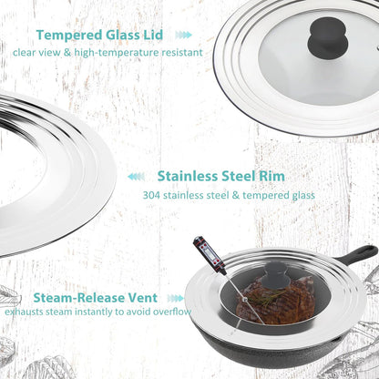 Universal Pans Pots Lid Cover Fit All 8.25 Inch to 12 Inch Pots/Pans/Woks Stainless Steel and Glass Lid with Heat Resistant Knob, Black