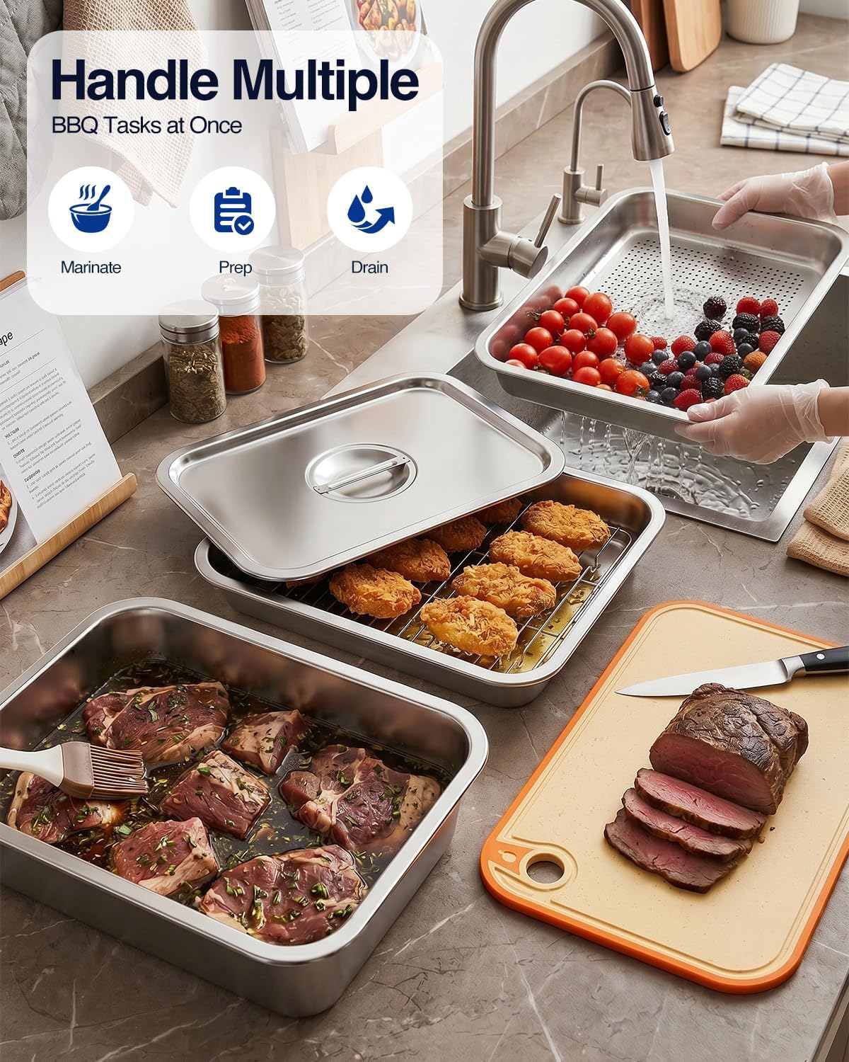 5 in 1 Grill Prep Tray and Carry System, Large Grilling Prep and Serve Trays with Lid and Cutting Board, Deep Meat Marinating Container as BBQ Grilling Gift, Home Series, L