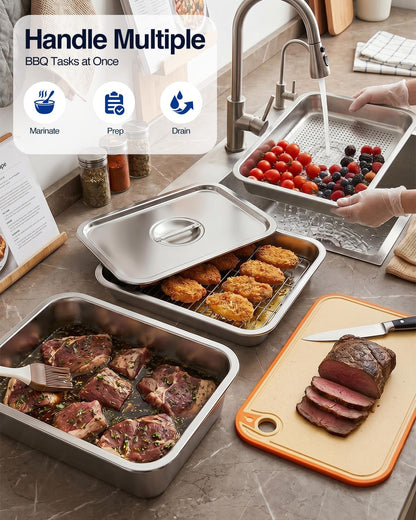 5 in 1 Grill Prep Tray and Carry System, Large Grilling Prep and Serve Trays with Lid and Cutting Board, Deep Meat Marinating Container as BBQ Grilling Gift, Home Series, L