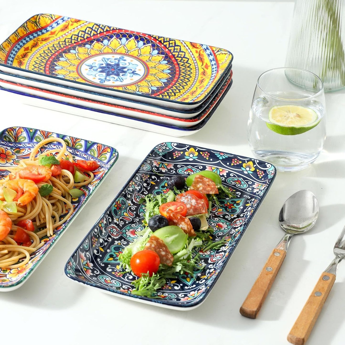 glowworm Porcelain Appetizer Plates Set of 6, 8.5 Inch Salad Plates for Sushi, Dessert, Rectangular Serving Platters, Serving Tray for Party, Kitchen, Microwave & Oven Safe, Bohemian