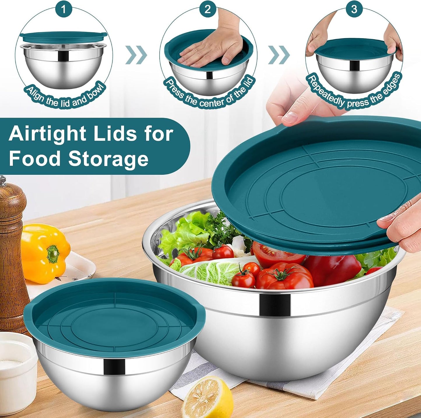 LIANYU Stainless Steel Mixing Bowls Sets of 6, Large 7, 3.5, 2.5, 2, 1.5, 1QT Size with Transparent Airtight Lids, Metal Nesting Serving Bowl Sets for Home Kitchen, Dishwasher & Freezer Safe, Black