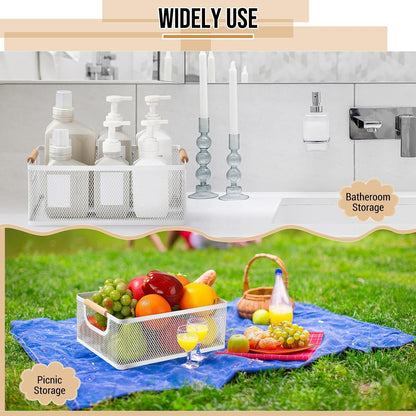 Rtteri 4 Pack White Metal Wire Basket with Wood Handle 2 Size Large Metal Mesh Basket Stackable Wire Storage Bin for Pantry Food Snacks Storage Kitchen Organizing