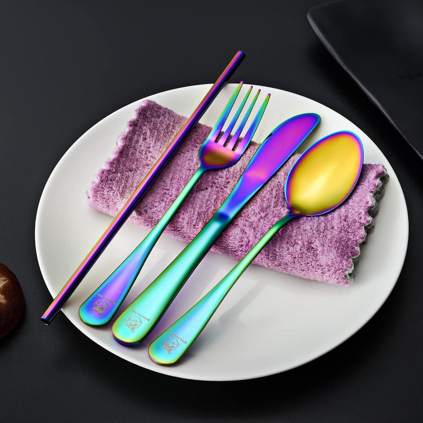 Boulder Bee | Travel Utensils Set | Reusable Camping Cutlery Set | Stainless Steel Flatware Set | Portable Silverware Set with Case | Includes Knife/Fork/Spoon/Straw/Cleaning Cloth/Case (Purple)
