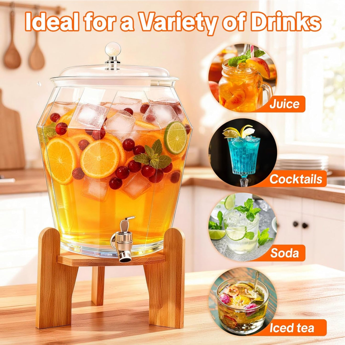 2 PCS Drink Dispenser Set, 2.5 Gallon Total Capacity (7L & 2.6L) - Shatterproof Plastic Beverage Containers with Wood Stand, Leak-Proof Spigot for Juice, Tea, Lemonade & Mimosa Bar Hosting