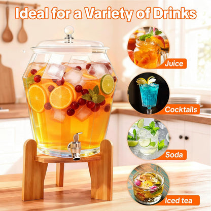 2 PCS Drink Dispenser Set, 2.5 Gallon Total Capacity (7L & 2.6L) - Shatterproof Plastic Beverage Containers with Wood Stand, Leak-Proof Spigot for Juice, Tea, Lemonade & Mimosa Bar Hosting