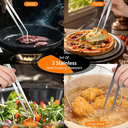 2-Piece Kitchen Tongs Set – 12-Inch Stainless Steel BBQ Tweezers with Straight & Curved Edges, Non-Slip Grip, Heavy Duty for Grilling Steak, Flipping Pancakes, Salads & Cooking