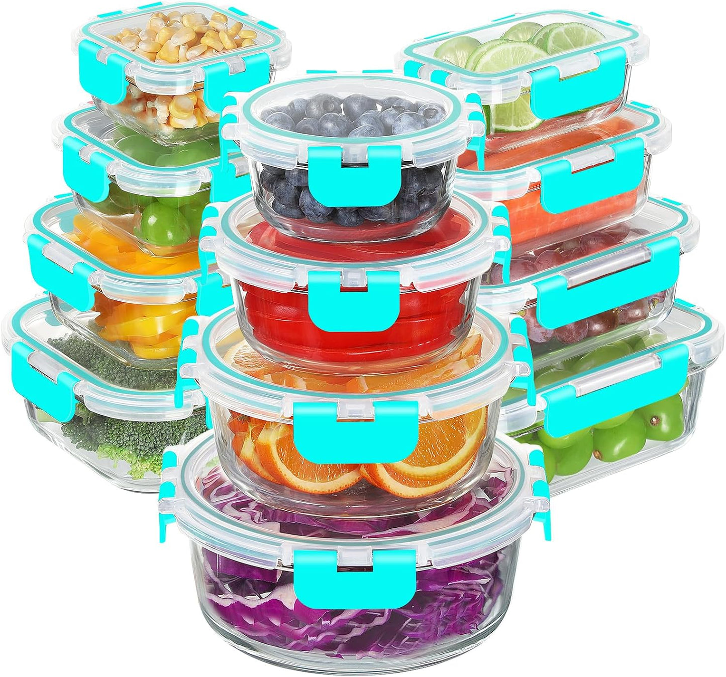 BAYZZ 24 Piece Glass Food Storage Containers with Lids, Airtight Glass Meal Prep Containers for Kitchen, BPA-Free Lunch Box, Microwave and Freezer Safe