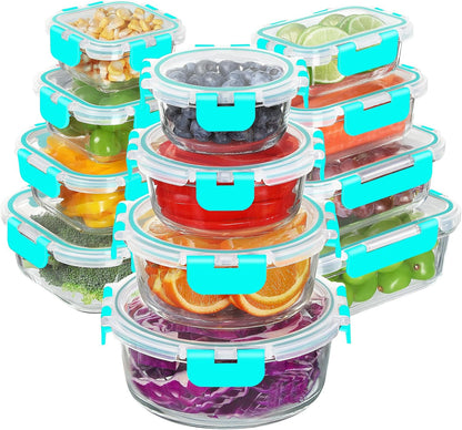 BAYZZ 24 Piece Glass Food Storage Containers with Lids, Airtight Glass Meal Prep Containers for Kitchen, BPA-Free Lunch Box, Microwave and Freezer Safe