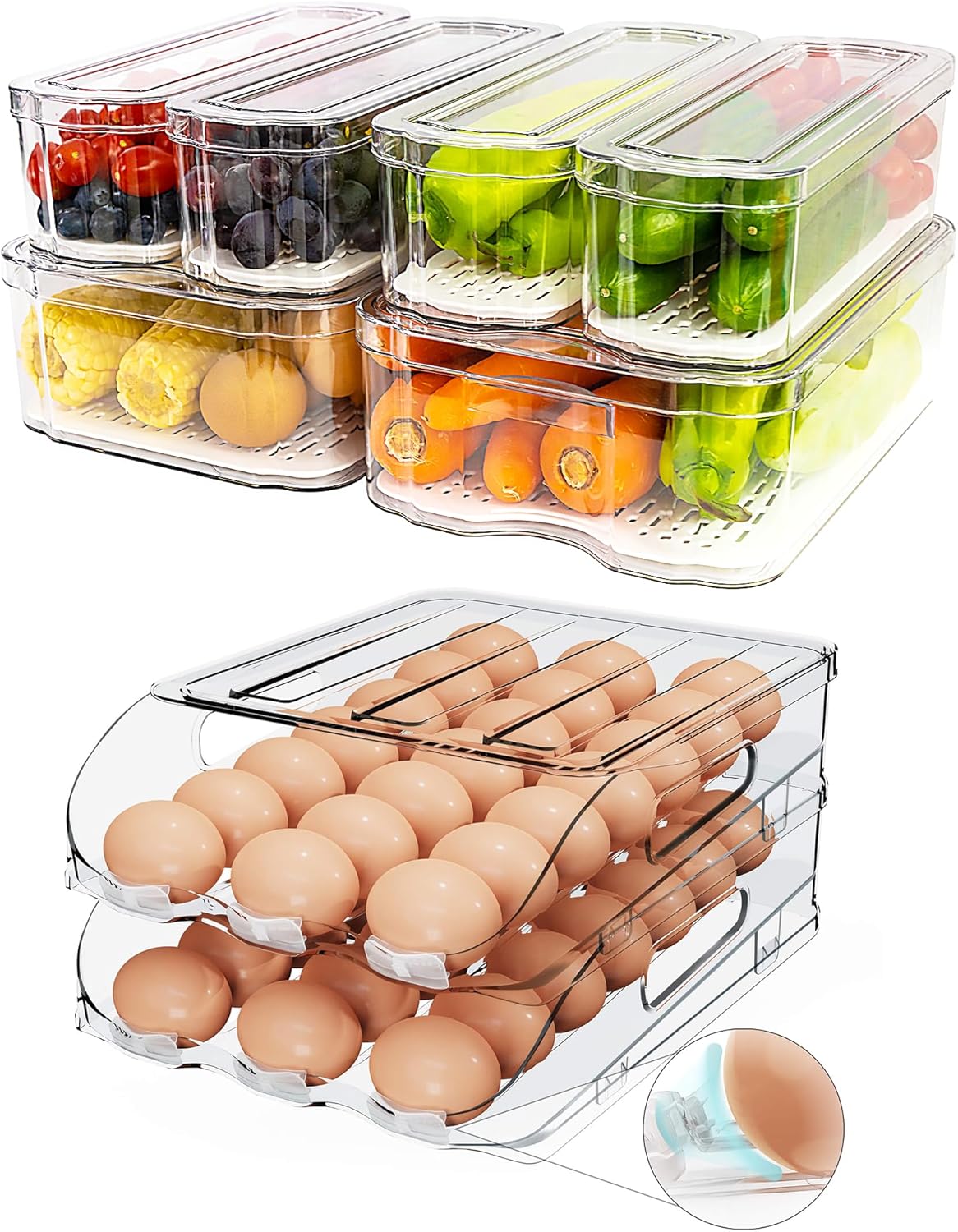 SMRCAD Fridge Organizers and Storage, Automatic Rolling Egg Holder and 6 Pack Fruit Organizer Bins with Lids for Fridge, Freezer, Refrigerator