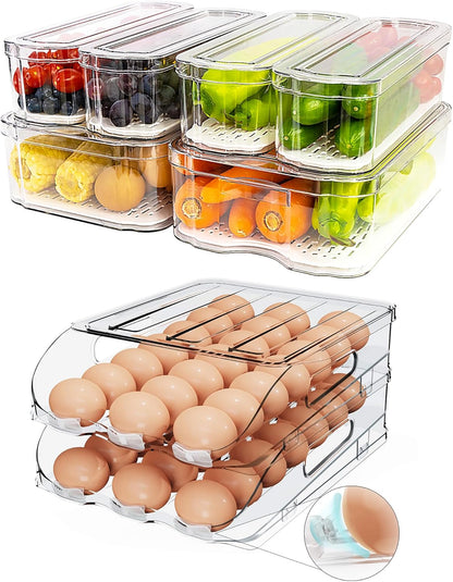 SMRCAD Fridge Organizers and Storage, Automatic Rolling Egg Holder and 6 Pack Fruit Organizer Bins with Lids for Fridge, Freezer, Refrigerator
