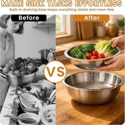 Stainless Steel Mixing Bowls Set, Multifunctional Kitchen Basin with Strainer & Colander, Fruit Lettuce Spinner for Washing, Draining & Food Prep (9.45in（24cm）)