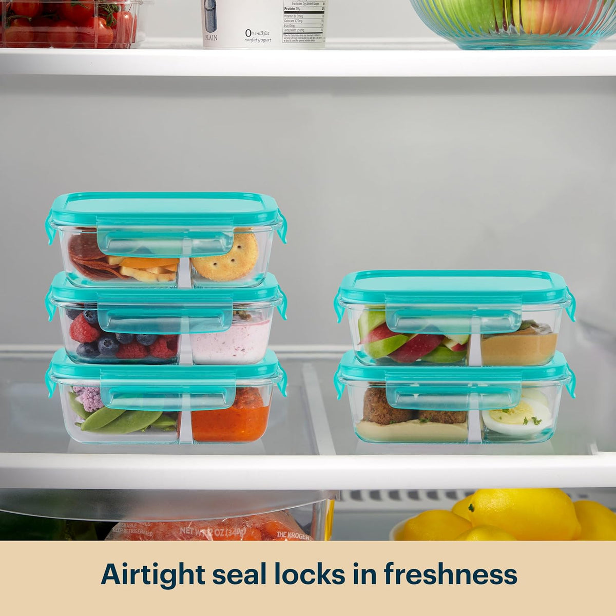 Pyrex Glass Meal Box (5-Pack, 2.3 Cup) Divided Compartments with Locking Lids, For Meal Prepping and Portioning, BPA Free Microwave Dishwasher Safe