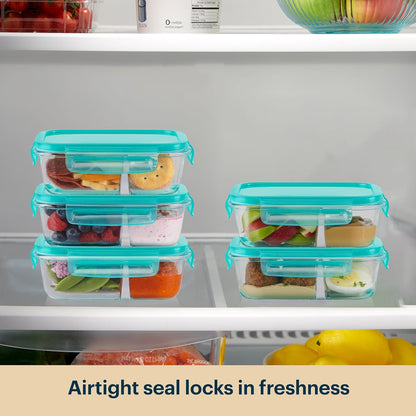 Pyrex Glass Meal Box (5-Pack, 2.3 Cup) Divided Compartments with Locking Lids, For Meal Prepping and Portioning, BPA Free Microwave Dishwasher Safe