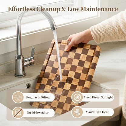 Checkered Cutting Board Set for Kitchen - 3 PCS Solid Wood End Grain Checkerboard Chopping Board with Holder & Juice Groove, Wooden Cutting Boards for Meat, Vegetables, Fruits (S, M, L)